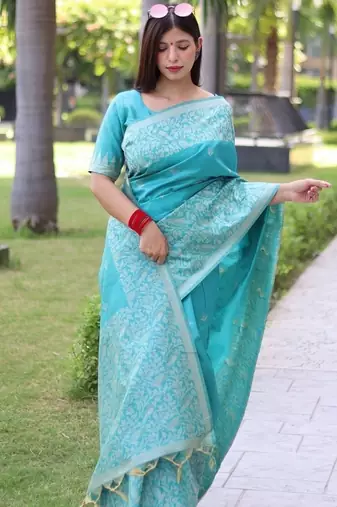 Sky blue color banglori handloom raw silk waving buttis saree