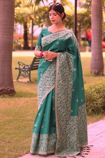 Sea green color banglori handloom raw silk waving buttis saree