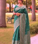 Sea green color banglori handloom  silk blend waving buttis saree