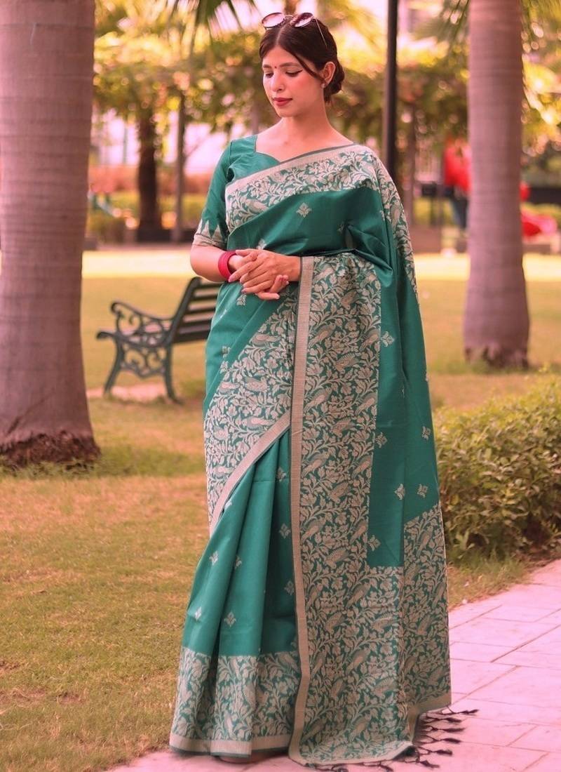 Sea green color banglori handloom raw silk waving buttis saree