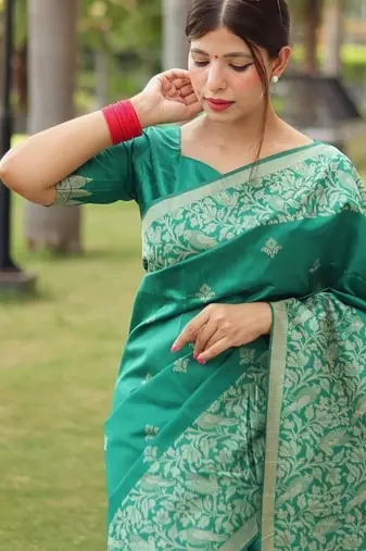 Sea green color banglori handloom  silk blend waving buttis saree