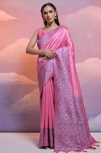 Pink color banglori handloom raw silk waving saree