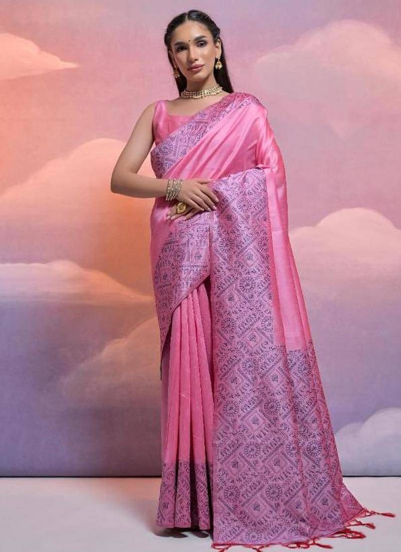 Pink color banglori handloom raw silk waving saree