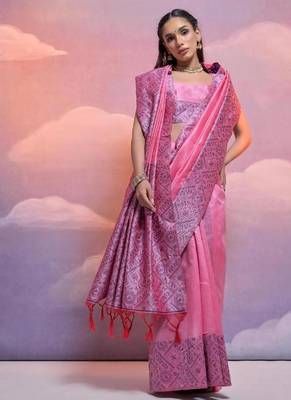 Pink banglori handloom silk blend waving saree 3
