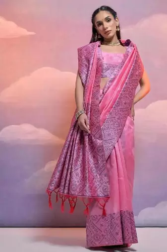Pink color banglori handloom  silk blend waving saree