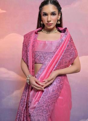 Pink banglori handloom silk blend waving saree 4
