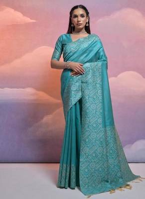 Sky color banglori handloom  silk blend waving saree 1