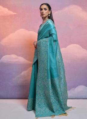 Sky color banglori handloom  silk blend waving saree 3