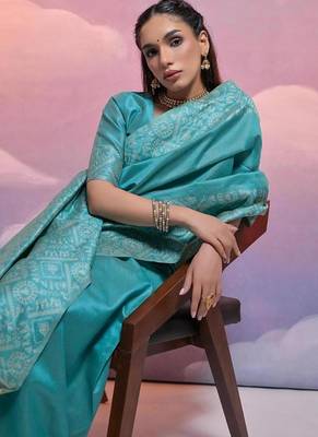 Sky color banglori handloom  silk blend waving saree 4