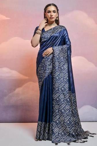 Blue color banglori handloom raw silk waving saree