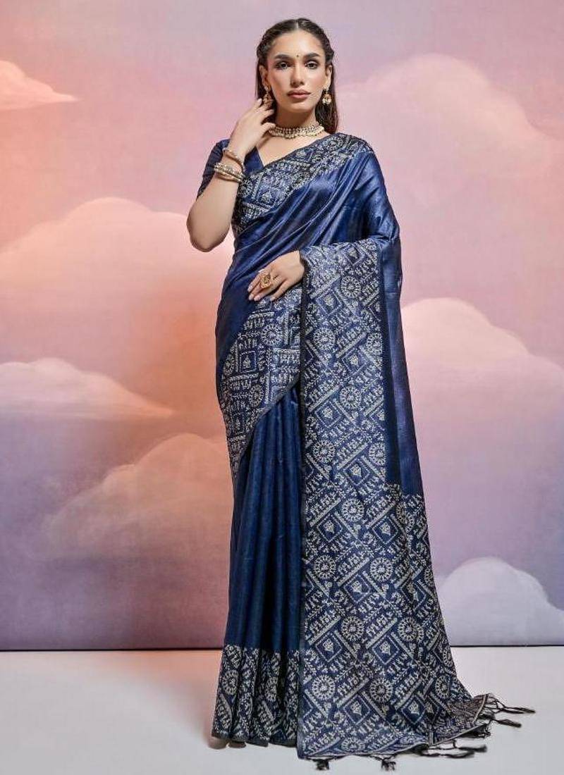 Blue color banglori handloom raw silk waving saree