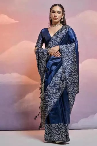 Blue color banglori handloom  silk blend waving saree