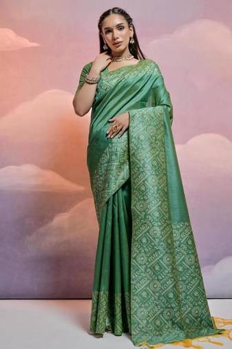 Sea green color banglori handloom raw silk waving saree