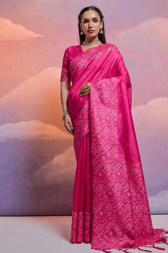 Rani pink color banglori handloom raw silk waving saree