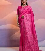 Rani pink color banglori handloom  silk blend waving saree