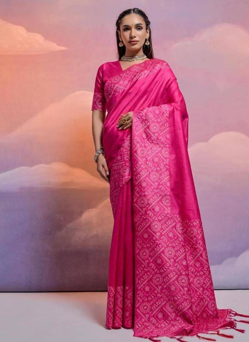 Rani pink color banglori handloom raw silk waving saree