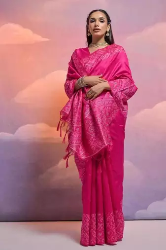 Rani pink color banglori handloom  silk blend waving saree