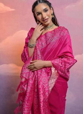 Rani pink color banglori handloom  silk blend waving saree 4