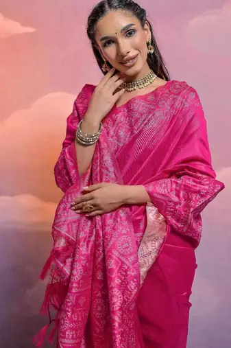 Rani pink color banglori handloom  silk blend waving saree