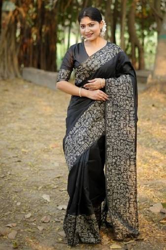 Black color handloom raw silk weaving pallu saree