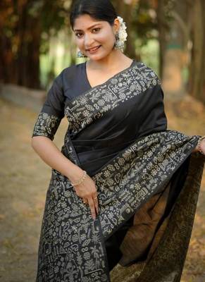 Black handloom silk blend weaving pallu saree 4