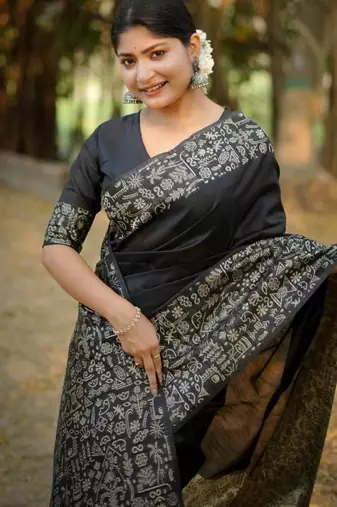 Black color handloom  silk blend weaving pallu saree