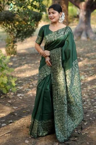 Green color handloom raw silk weaving pallu saree