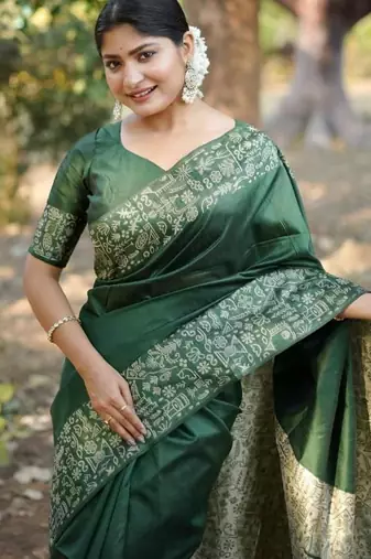 Green color handloom  silk blend weaving pallu saree