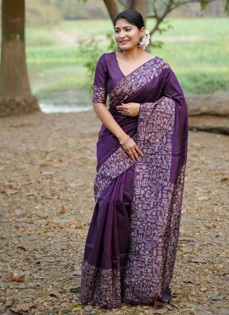 Purple color handloom raw silk weaving pallu saree