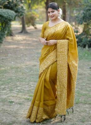 Musturd color handloom  silk blend weaving pallu saree 1