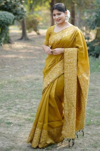 Musturd color handloom raw silk weaving pallu saree