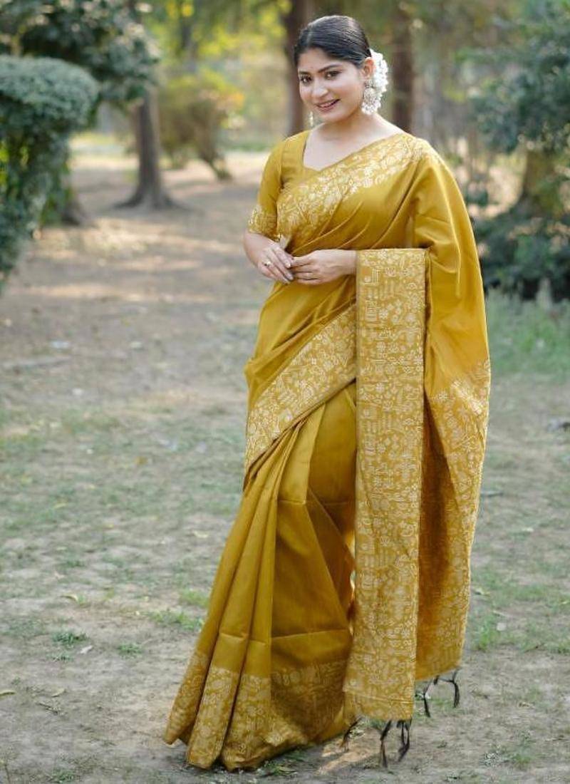 Musturd color handloom raw silk weaving pallu saree