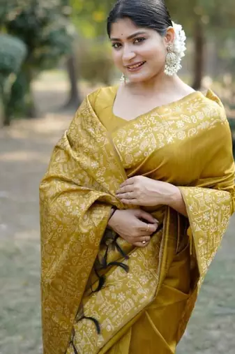 Musturd color handloom  silk blend weaving pallu saree