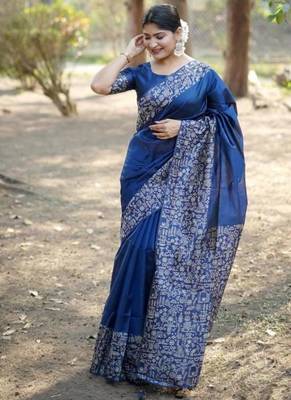 Blue color handloom  silk blend weaving pallu saree 1