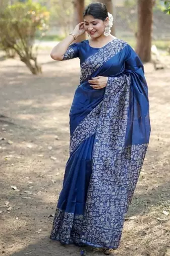 Blue color handloom raw silk weaving pallu saree