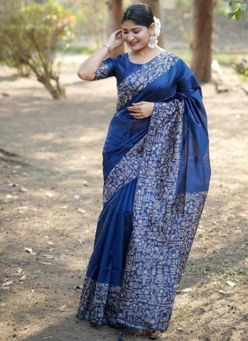 Blue color handloom raw silk weaving pallu saree