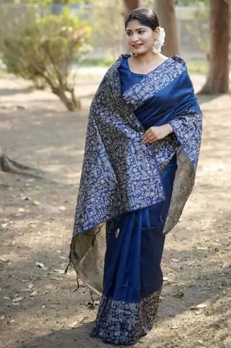 Blue color handloom  silk blend weaving pallu saree