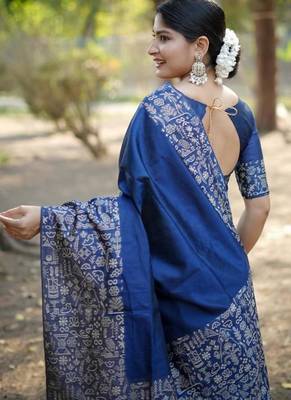 Blue color handloom  silk blend weaving pallu saree 3