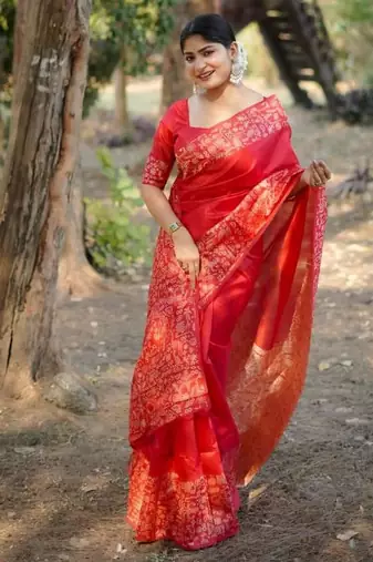 Red color handloom raw silk weaving pallu saree