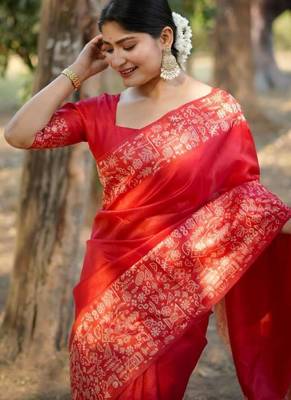 Red color handloom  silk blend weaving pallu saree 3