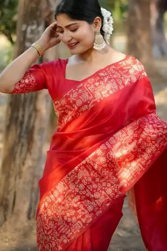 Red color handloom  silk blend weaving pallu saree