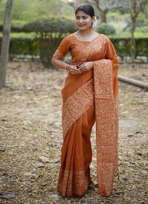 Orange color handloom  silk blend weaving pallu saree 1