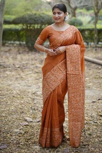 Orange color handloom raw silk weaving pallu saree