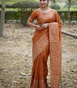 Orange color handloom  silk blend weaving pallu saree
