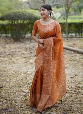 Orange color handloom  silk blend weaving pallu saree 2