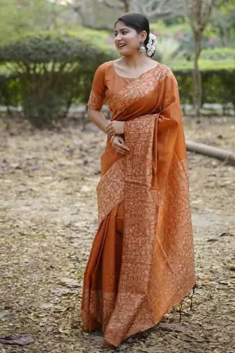 Orange color handloom  silk blend weaving pallu saree