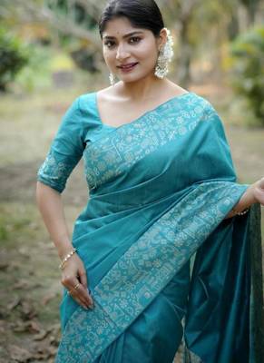 Sky blue color handloom  silk blend weaving pallu saree 1