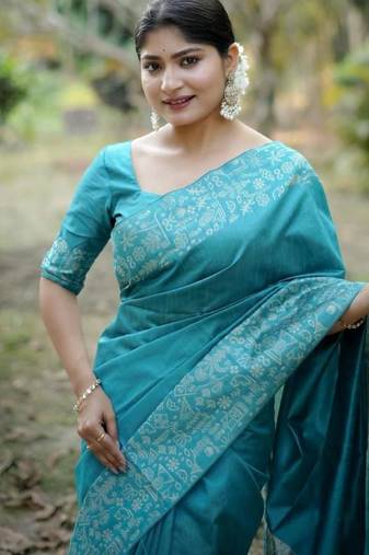 Sky blue color handloom raw silk weaving pallu saree