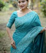 Sky blue color handloom  silk blend weaving pallu saree
