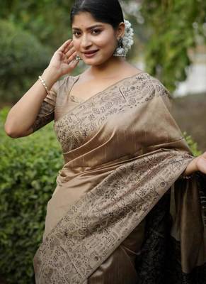 Beige color handloom  silk blend weaving pallu saree 1